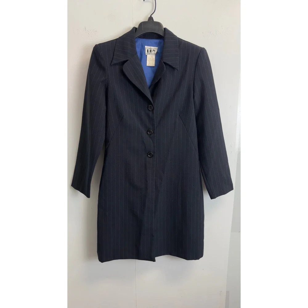 DBY Ltd Vintage Womens Pinstripe Longline Blazer and Pants Suit Set Navy Blue 7